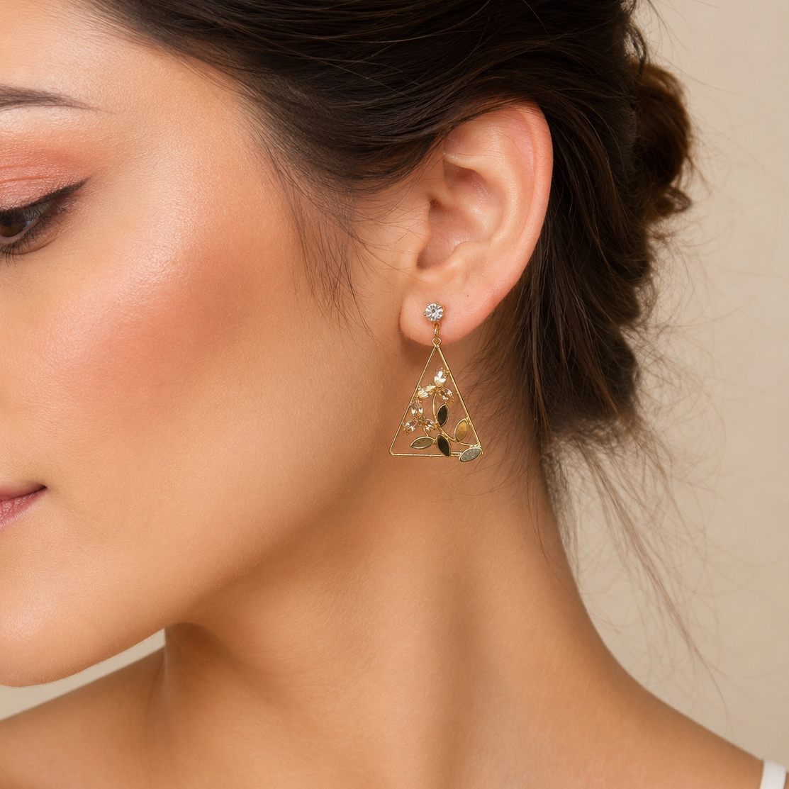Golden Floral Triangle Drop Earrings