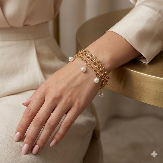 Gold Link Bracelet with Pearl Charms