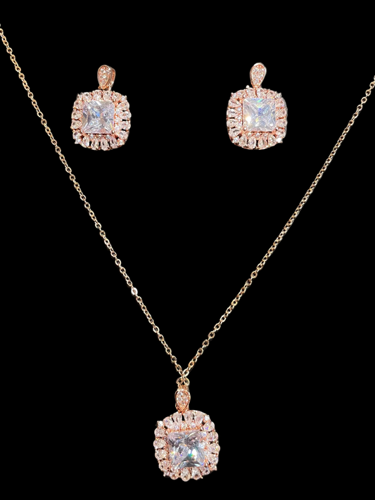 Rose Gold Halo Square Pendant & Earrings Set