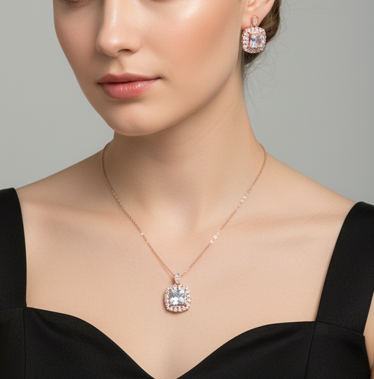 Rose Gold Halo Square Pendant & Earrings Set