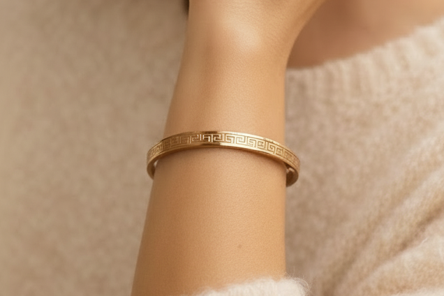 Greek Key Engraved Bangle Bracelet