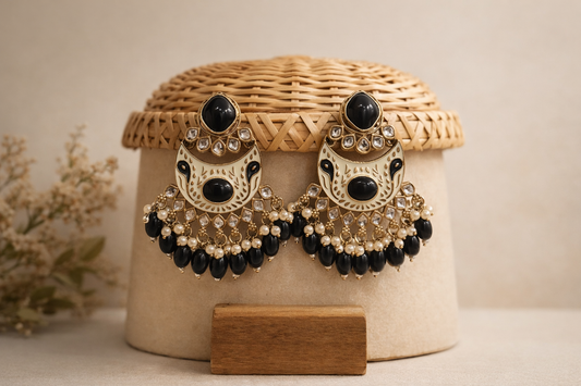 Black & Ivory Enamel Chandbali Earrings