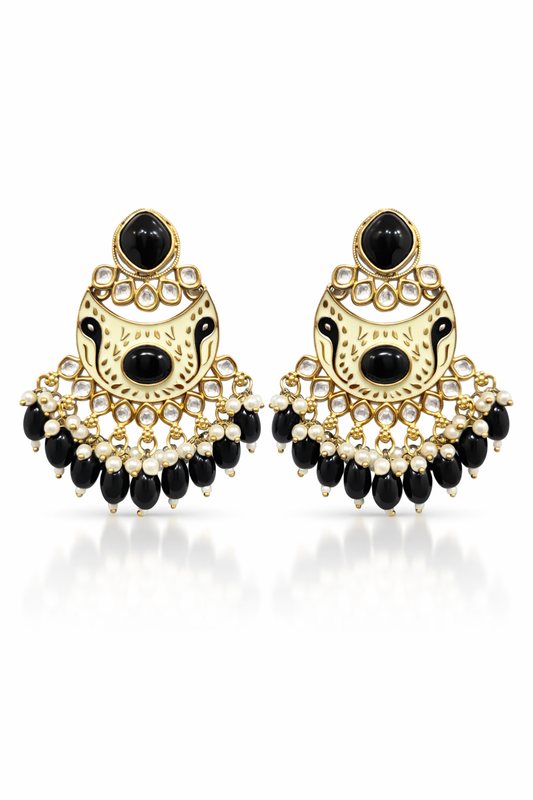 Black & Ivory Enamel Chandbali Earrings