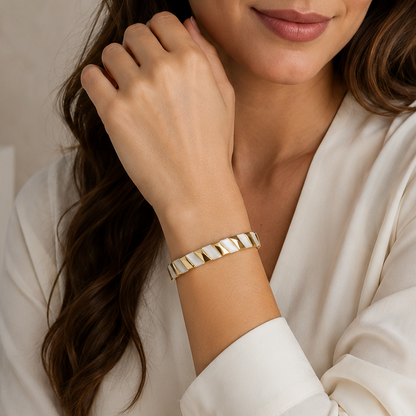 Gold-Tone & White Chevron Pattern Bangle Bracelet
