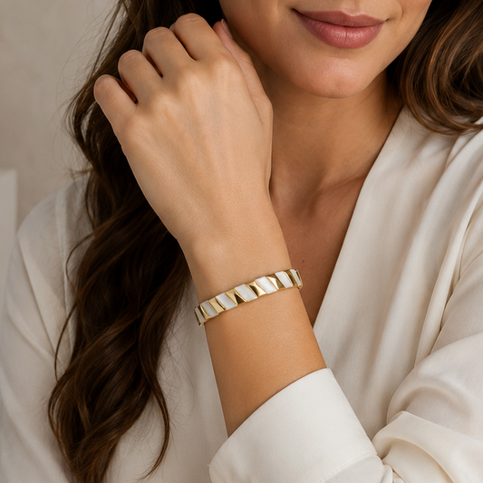 Gold-Tone & White Chevron Pattern Bangle Bracelet