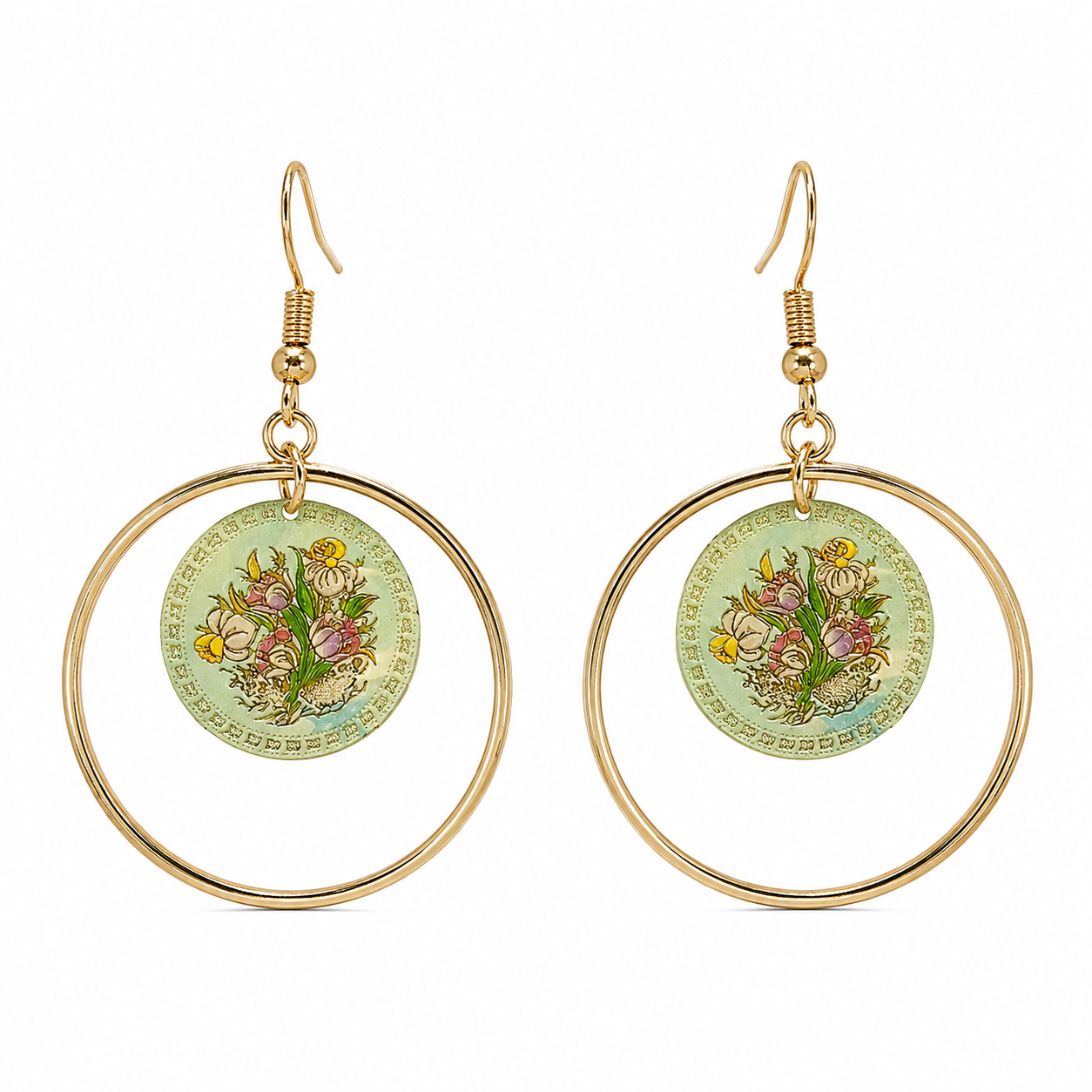 Floral Gold Hoop Drop Earrings