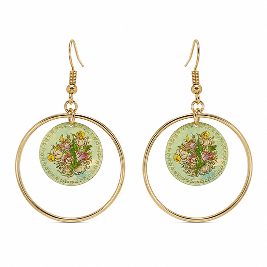 Floral Gold Hoop Drop Earrings
