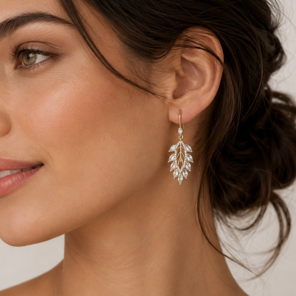 Gold Leaf Crystal Drop Earrings