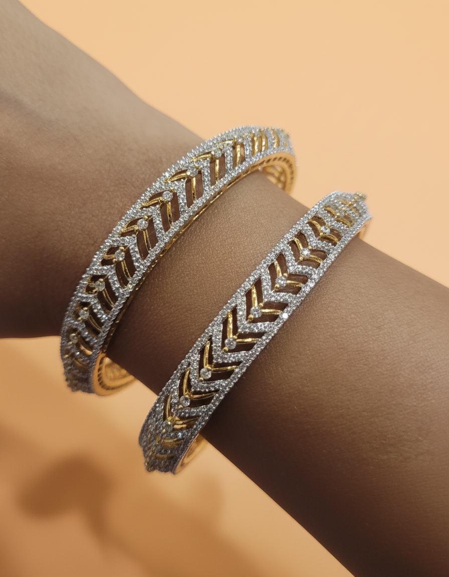 Premium Dual-Tone Chevron Diamond Bangles (Size 2-6)