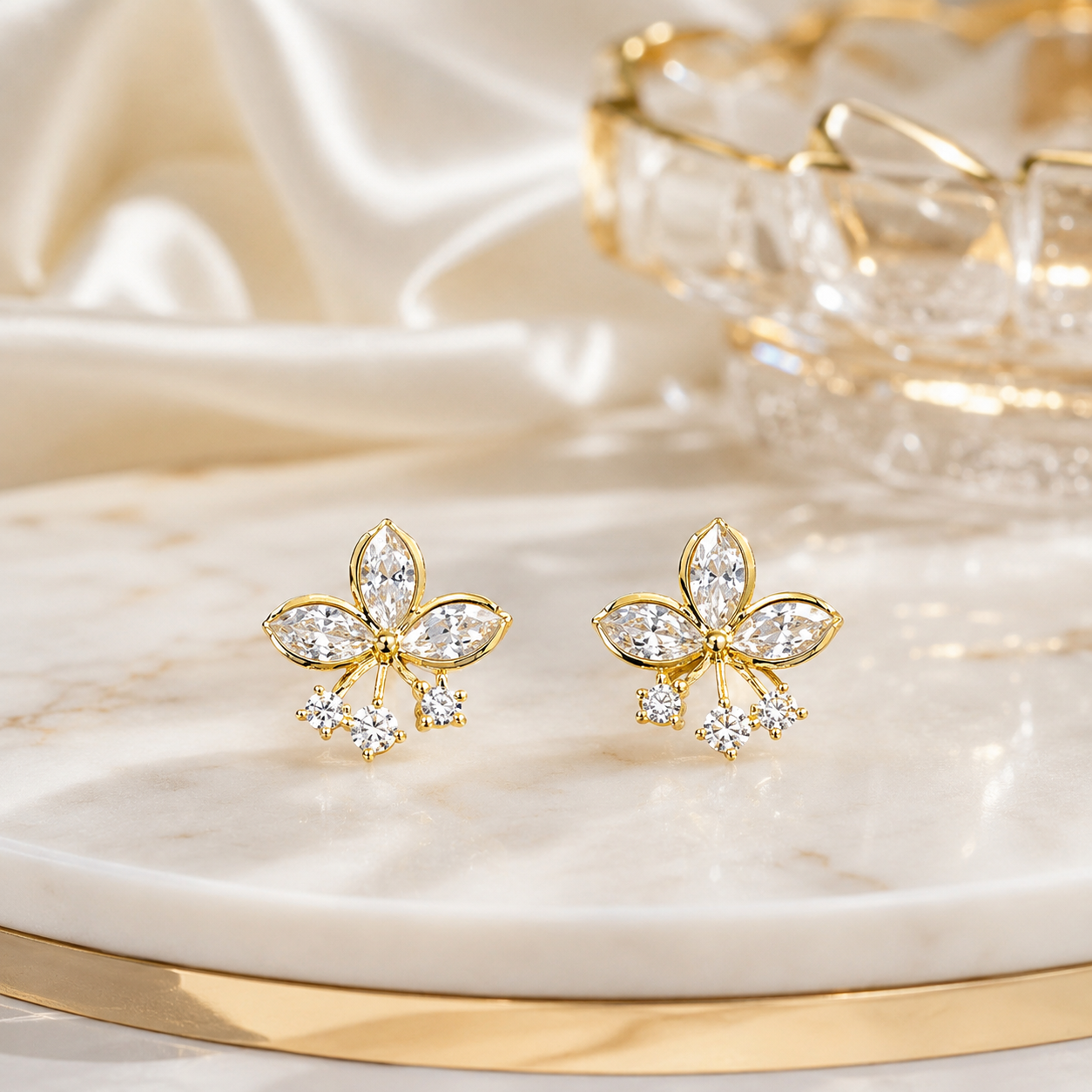 Gold Floral Crystal Drop Earrings