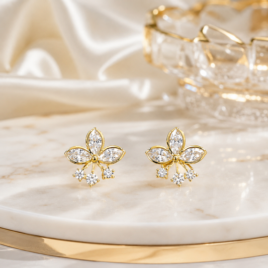 Gold Floral Crystal Drop Earrings